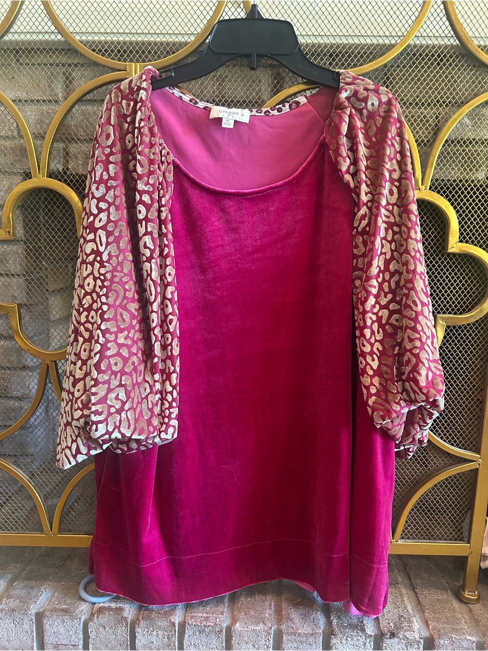Umgee Fuchsia Velvet Top with Patterned Pink Kimono Sleeves